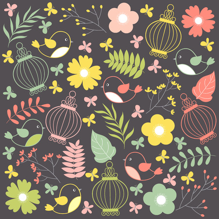 Vector bird, bird cages, flowers and leavesのイラスト素材