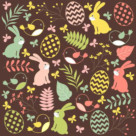 Vector easter set with rabbits, birds, eggs and leavesのイラスト素材