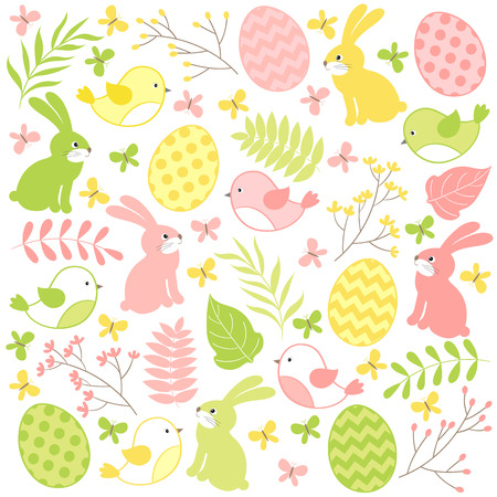 Vector easter set with rabbits, eggs, leaves and birdsのイラスト素材