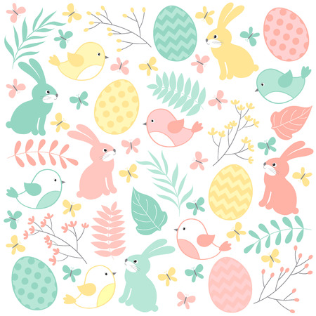 Vector easter set with rabbits, birds, eggs and leavesのイラスト素材