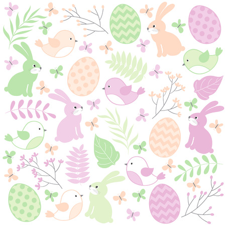 Vector easter set with rabbits, birds, eggs and leavesのイラスト素材
