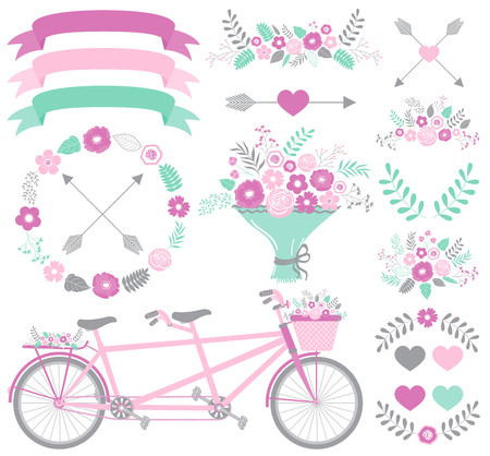Vector purple wedding set with bicycle, leaves, bouquets and ribbonsのイラスト素材