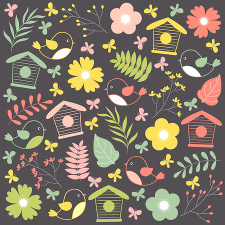 Vector summer set with birds, leaves, birdhouses and flowersのイラスト素材