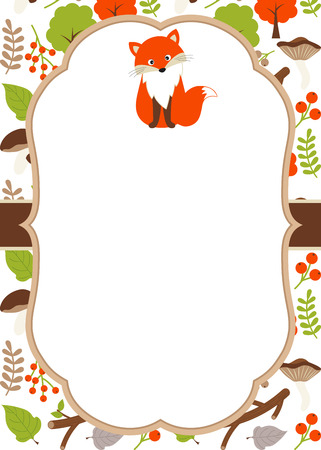 Vector woodland card with fox, leaves and mushroomsのイラスト素材