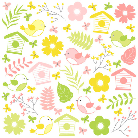 Summer time set with birds, flowers, leaves and butterfliesのイラスト素材