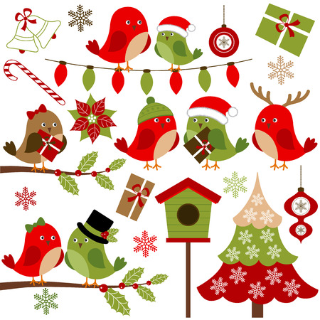 Vector Christmas birds with Christmas tree, holly, branches, snowflakes and giftsのイラスト素材