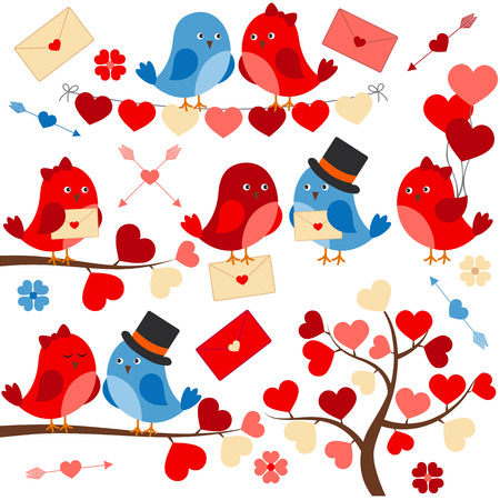 Vector love birds with hearts, balloons and branchesのイラスト素材