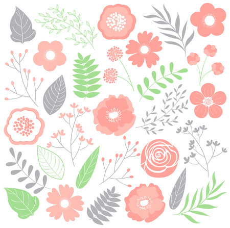 Vector pink flowers with leaves and branchesのイラスト素材