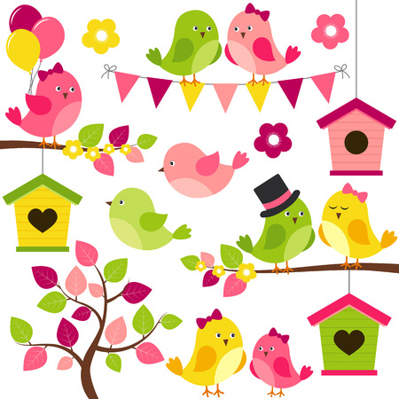 Vector summer set with birds, branches, leaves, birdhouse and treeのイラスト素材