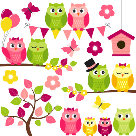 Vector summer set with owls, leaves, butterflies, tree and birdhouseのイラスト素材