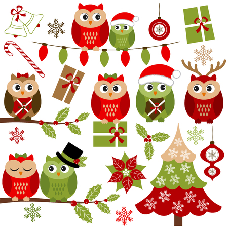 Vector Christmas owls set with holly branches, Christmas tree and giftsのイラスト素材
