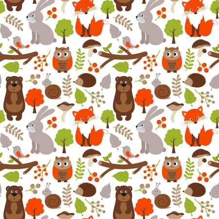 Vector woodland seamless pattern with fox, bear, rabbit and owlのイラスト素材
