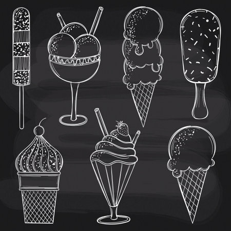 Vector doodle hand drawn ice-cream on chalkboard backgroundのイラスト素材
