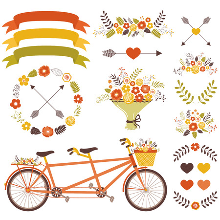 Vector autumn wedding set with flowers and bicycleのイラスト素材