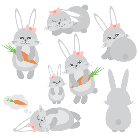 Vector cute little grey bunnies with carrotsのイラスト素材