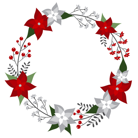 Vector Christmas wreath with poinsettia and berriesのイラスト素材