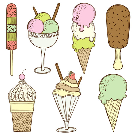 Vector hand drawn doodle colorful ice cream setのイラスト素材