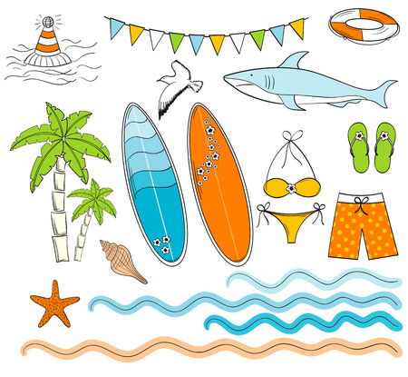 Vector hand drawn colorful surfing beach setのイラスト素材