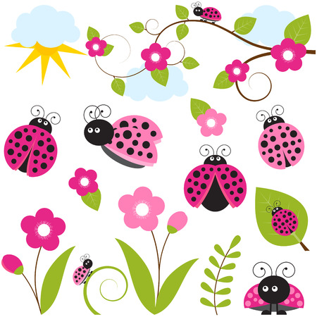 Vector ladybug set with flowers and leavesのイラスト素材
