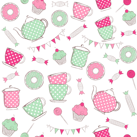 Vector mint and pink tea seamless patternのイラスト素材