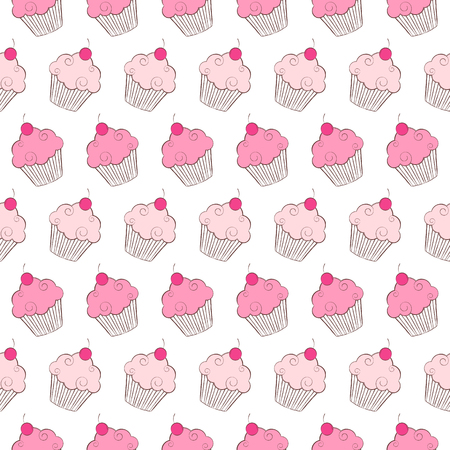Vector hand drawn seamless pattern with pink cupcakesのイラスト素材