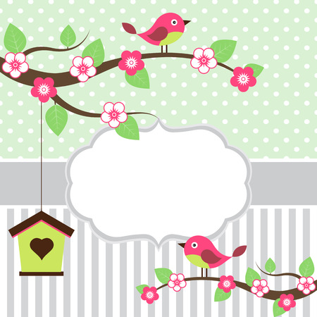 Birds on branches card template with white frame for your textのイラスト素材