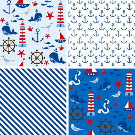 Vector seamless nautical red and blue seamless patternsのイラスト素材