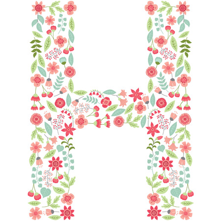 Vector floral letter H. The capital letter H is made of floral elements - pastel flowers, petals and leaves. Vector floral abc. English floral alphabet. Font vector illustration.のイラスト素材
