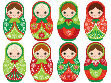 Vector matryoshka set in red and green color, traditional Russian dolls. Vector Russian nesting dolls. Babushka doll clipart. Vector Christmas matreshka,. Vector illustration.のイラスト素材