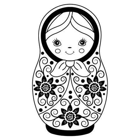 Vector black and white matryoshka with flowers pattern, traditional Russian doll. Vector Russian nesting doll, babushka doll. Vector matreshka. Vector illustration.のイラスト素材