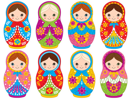 Vector colorful matryoshka set with flowers pattern, traditional Russian dolls. Vector Russian nesting dolls, babushka doll. Vector matreshka. Vector illustration.のイラスト素材