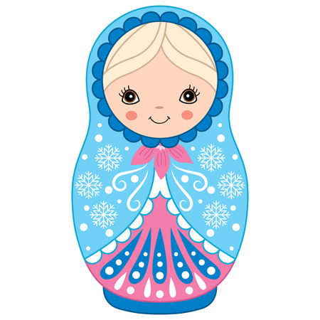 Vector matryoshka in blue and pink color, traditional Russian doll. Vector Russian nesting doll, babushka doll. Vector Winter matreshka. Vector illustration.のイラスト素材