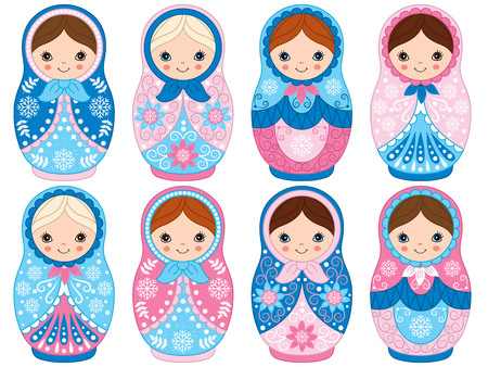 Vector matryoshka set in blue and pink color, traditional Russian dolls. Vector Russian nesting dolls, babushka doll. Vector Winter matreshka. Vector illustration.のイラスト素材