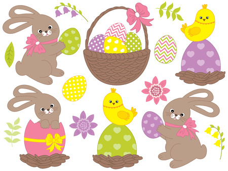 Vector colorful Easter set with bunny, chicks, eggs, basket and flowers. Vector Easter elements. Easter clipart. Easter vector illustration.のイラスト素材