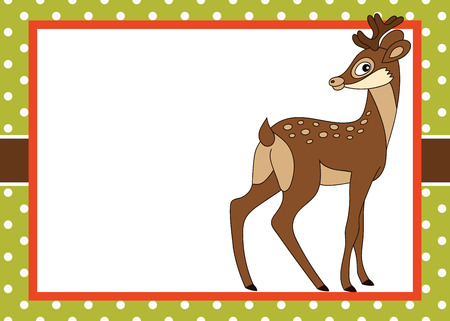 Vector greeting card template with cute cartoon baby deer and polka dot background pattern. Card template for baby shower invitation, happy birthday with space for your text. Vector illustration.のイラスト素材