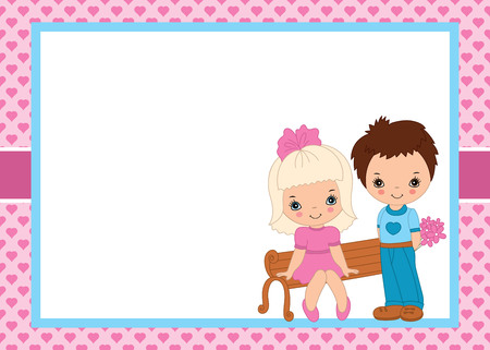 Vector Valentines greeting card template with cute little kids and small hearts background pattern. Card template for Valentines day with space for your text. Vector illustration.のイラスト素材