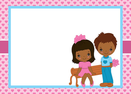 Vector Valentines greeting card template with cute African American little kids and small hearts background pattern. Card template for Valentines day with space for your text. Vector illustration.のイラスト素材