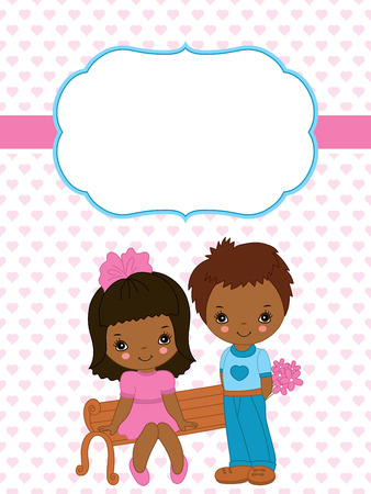 Vector Valentines greeting card template with cute African American little kids and small hearts background pattern. Card template for Valentines day with space for your text. Vector illustration.のイラスト素材