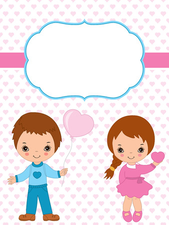 Vector Valentines greeting card template with cute little kids and small hearts background pattern. Card template for Valentines day with space for your text. Vector illustration.のイラスト素材