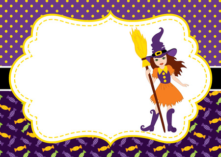 Vector card template with a witch on polka dot and sweets background. Invitation card template for Halloween parties with space for your text. Vector illustration.のイラスト素材