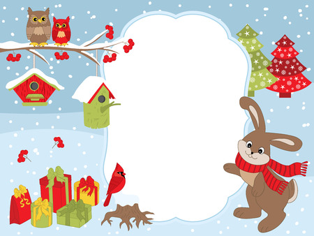 Vector Christmas and New Year card template with a cute rabbit, owls on the branch, cardinal, birdhouses, gift boxes on snow background. Christmas and New Year card template with space for your text.のイラスト素材