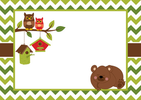 Vector card template with a cartoon bear, owls on the branch, birdhouses and chevron background. Card template for baby shower, birthday and parties with space for your text. Vector illustration.のイラスト素材
