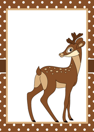 Vector card template with a cute deer on polka dot background. Card template for baby shower, birthday and parties with space for your text.   Vector deer. Vector illustration.のイラスト素材
