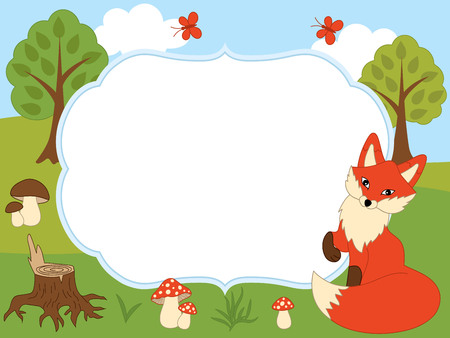 A card template with a cute fox, butterflies, mushrooms, trees on forest background for baby shower, birthday and parties with space for your text. Vector illustration.のイラスト素材