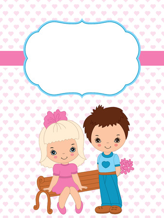 Valentine's card vector template with cute little kids on hearts background. Card template for Valentine's Day with space for your text. Vector Valentine's Day. Vector illustration.のイラスト素材