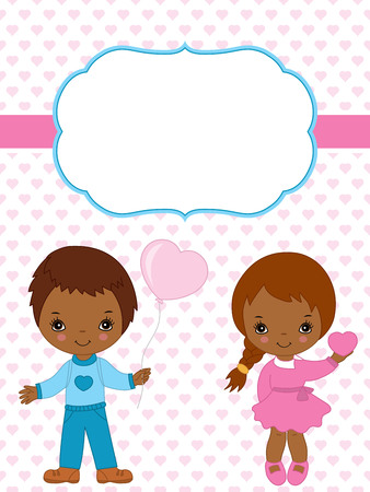 Vector Valentine's card template with cute African American little kids on hearts background. Card template for Valentine's Day with space for your text. Vector Valentine's Day. Vector illustration.のイラスト素材