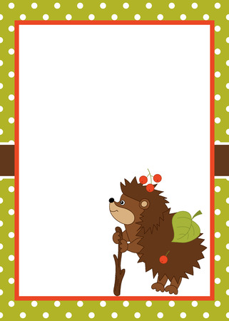 Vector card template with a cute hedgehog on polka dot background. Card template for baby shower, birthday and parties with space for your text. Vector hedgehog. Vector illustration.のイラスト素材