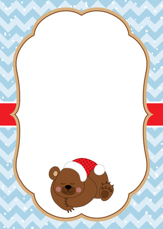Vector Christmas and New Year card template with a cute bear on chevron background. Christmas and New Year card template with space for your text.   Vector bear. Vector illustration.のイラスト素材
