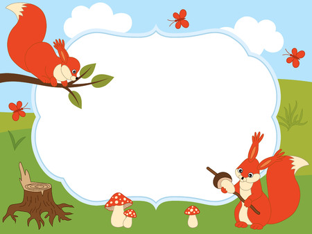 A vector card template with cute squirrels, butterflies, mushrooms on forest background design  for baby shower, birthday and parties with space for your text.のイラスト素材