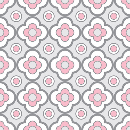 Abstract geometric seamless pattern with floral ornament in rose pink and grey color. Vector seamless pattern.のイラスト素材